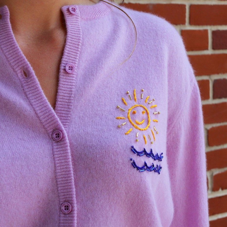 Lf Classic Lingua Franca NYC | Beaded Sun And Waves Classic Cardigan Lilac