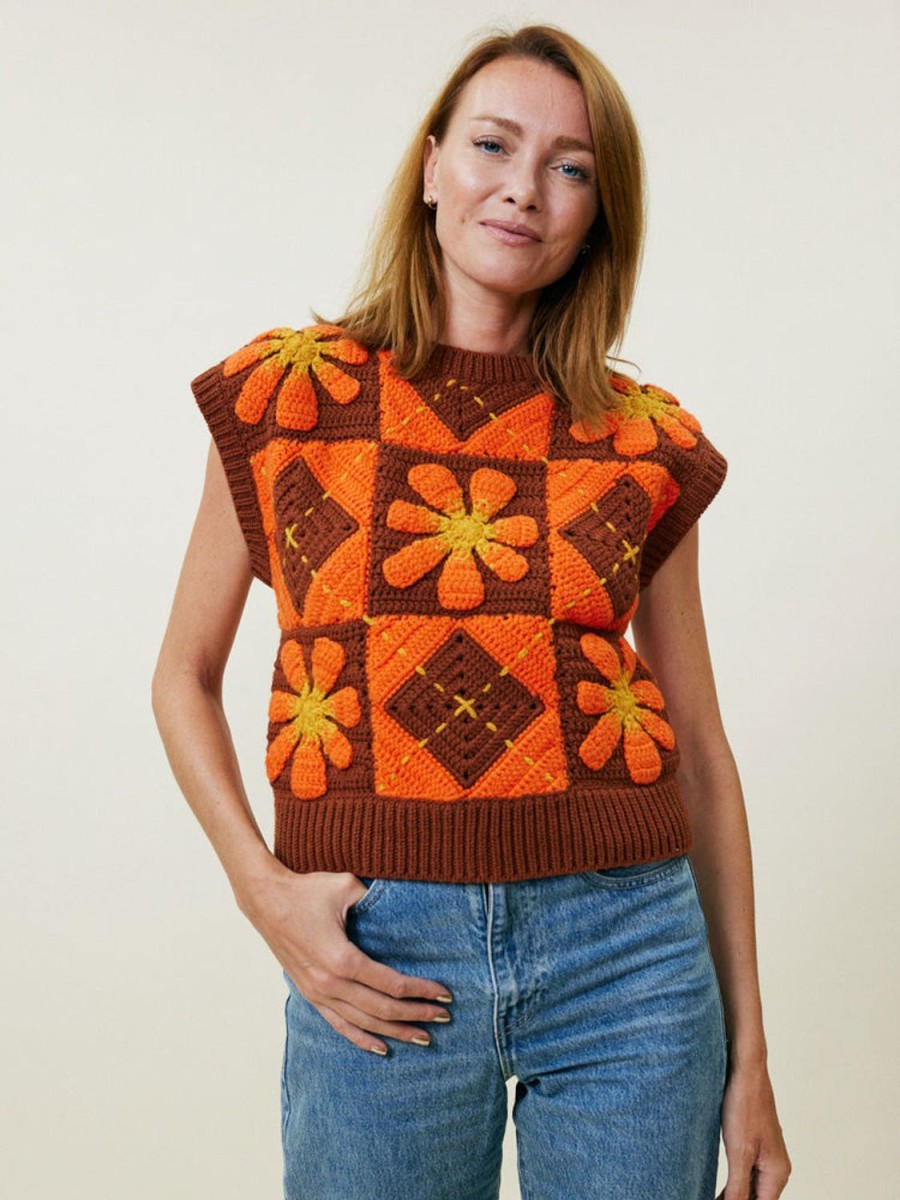 Ready To Wear Lingua Franca NYC | Crochet Vest Brown Floral Multi