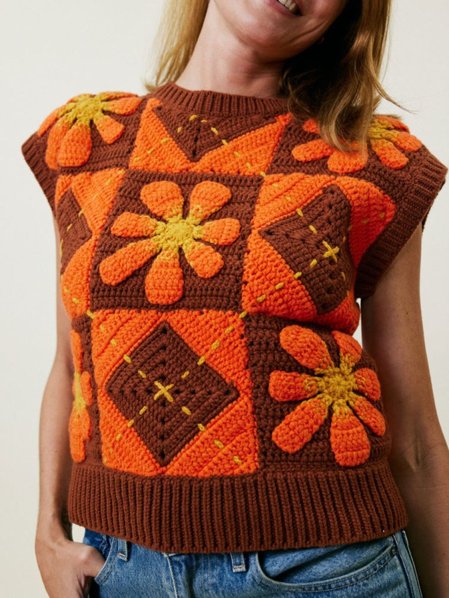 Ready To Wear Lingua Franca NYC | Crochet Vest Brown Floral Multi